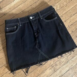 Mid/High Waisted Black Denim Mini Skirt with White Contrast Stitching Details